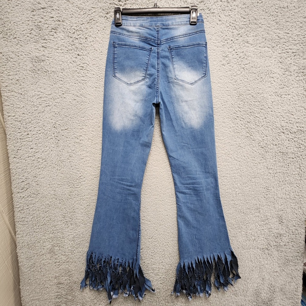 Almost Famous Flare Boho Shredded Jeans Womens Size 3 Blue Stretch Denim‎ - Picture 9 of 15